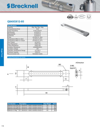 118
Q84X5X12-05
Speciﬁcations
Capacity 20g, 30g, 50g, 100g
Comprehensive Error 0.05
Output Sensitivity 0.5±0.15mV/V
Nonlinearity ±0.05%F.S.
Repeatability ±0.05%F.S.
Hysteresis ±0.05%F.S.
Creep ±0.05%F.S. 3min
Temperature Effect on Zero ±2.0%F.S./10°C
Temperature Effect on Output ±0.05%F.S./10°C
Zero Output ±0.5mV/V
Input Resistance 1055±10Ω
Output Resistance 1000±10Ω
Insulation Resistance ≥2000MΩ(50V)
Excitation Voltage ≤6V
Operation Temperature Range -10-+40°C
Overload Capacity 150%F.S.
Recommended Use Handable Scales
Part Number Description Ship Weight Price
Q84x5x12-05-20g LC, aluminum / metric miniature sensor 1 lb $70
Q84x5x12-05-30g LC, aluminum / metric miniature sensor 1 lb $70
Q84x5x12-05-50g LC, aluminum / metric miniature sensor 1 lb $70
Q84x5x12-100g LC, aluminum / metric miniature sensor 1 lb $70
Outline Dimensions mm (inch)
SinglePoint
 