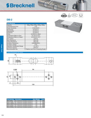 120
DB-2
Speciﬁcations
Capacity 50kg,100kg,150kg, 200kg, 350kg
Comprehensive Error 0.02
Output Sensitivity 2.0±0.2mV/V
Nonlinearity ±0.02%F.S.
Repeatability ±0.02%F.S.
Hysteresis ±0.03%F.S.
Creep ±0.02%F.S. 30min
Temperature Effect on Zero ±0.1%F.S./10°C
Temperature Effect on Output ±0.03%F.S./10°C
Zero Output ±2%F.S.
Input Resistance 395±10Ω
Output Resistance 350±10Ω
Insulation Resistance ≥2000MΩ(50V)
Excitation Voltage ≤10V
Operation Temperature Range -10-+40°C
Overload Capacity 150%F.S.
Recommended Use Platform and Price Computing Scales
Part Number Description Ship Weight Price
DB-2-50Kg LC, aluminum miniature sensor 1 lb $85
DB-2-100Kg LC, aluminum miniature sensor 1 lb $85
DB-2-150KG LC, aluminum miniature sensor 1 lb $85
DB-2-200Kg LC, aluminum miniature sensor 1 lb $85
DB-2-350Kg LC, aluminum miniature sensor 1 lb $85
Outline Dimensions mm (inch)
SinglePoint
 
