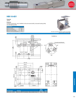 141
HM-14-401
Capacity
10t-50t
Features:
Compact construction, easy installation with anti-reversal ability, horizontal locating ability
and self-aligning ability.
Speciﬁcations
Ultimate Overload 150%F.S.
Maximum Anti-Rotation 50KN
Maximum Anti-Side Loading 50KN
Maximum Horizontal Displacement 5.4mm
Part Number Capacity
Ship
Weight Price
HM14-401-10/50t HM14C, BM14C hardware: alloy canister mount 40 lb $1,340
Alloy steel, assembled with BM14C, HM14C (not included)
(without top plate and bottom plate)
Outline Dimensions mm (inch)
Accessories
 