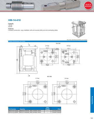 143
HM-14-410
Capacity
10t-30t
40t-60t
Features:
Compact construction, easy installation with anti-reversal ability and anti-overloading ability
Part Number Capacity
Ship
Weight Price
HM14-410-10/30T HM14H hardware, alloy canister mount - Consult Factory
HM14-410-40/60T HM14H hardware, alloy canister mount - Consult Factory
Alloy steel, assembled with HM14H (not included)
Outline Dimensions mm (inch)
Accessories
 