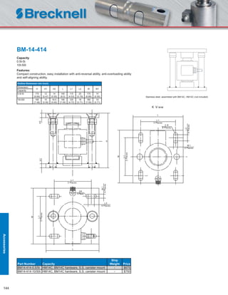 144
BM-14-414
Capacity
0.5t-5t
10t-50t
Features:
Compact construction, easy installation with anti-reversal ability, anti-overloading ability
and self-aligning ability.
Outline Dimension mm (inch)
Dimension
H H1 H2 L L1 L2 W W1
Capacity
0.5t-5t 170
(6.69)
12
(0.47)
14
(0.55)
165
(6.5)
115
(4.53)
20
(0.79)
175
(6.89)
14
(0.55)
10t-50t 190
(7.48)
15
(0.59)
16.5
(0.65)
180
(7.09)
120
(4.72)
18
(0.71)
180
(7.09)
18
(0.71)
Part Number Capacity
Ship
Weight Price
BM14-414-0.5/5t HM14C, BM14C hardware, S.S. canister mount - $675
BM14-414-10/50t HM14C, BM14C hardware, S.S. canister mount - $750
Stainless steel, assembled with BM14C, HM14C (not included)
Accessories
 