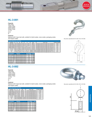 145
HL-3-001
Capacity
25kg-50kg
100kg-150kg
200kg-300kg
500kg-750kg
1t-1.5t
2t-3t
5t
Features:
Matched with S type load cells, suitable for hybrid scales, crane scales, packaging scales
and hopper scales
Outline Dimension mm (inch)
Capacity a1 a2 H MxL Hook Type Lifting Weight
25kg-50kg 25 (0.98) 20 (0.79) 97.5 (3.84) M8x24 Straight handle with single hook LM-006-T 0.25t
100kg-150kg 25 (0.98) 20 (0.79) 97.5 (3.84) M10x26 Straight handle with single hook LM-006-T 0.25t
200kg-300kg 28 (0.98) 22 (0.87) 106 (4.17) M12x28 Straight handle with single hook LM-010-T 0.4t
500kg-750kg 34 (1.34) 27 (1.06) 135.5 (5.33) M12x28 Straight handle with single hook LM-020-T 0.8t
1t-1.5t 40 (1.57) 32 (1.26) 152.5 (6.0) M12x28 Straight handle with single hook LM-04-T 1.6t
2t-3t 48 (1.89) 38 (1.5) 183 (7.2) M20x1.5x35 Straight handle with single hook LM-08-T 3.2t
5t 56 (2.2) 45 (1.77) 221 (8.7) M20x1.5x35 Straight handle with single hook LM-1.6-T 6.3t
Part Number Capacity Ship Weight Price
HL-3-1-25/50KG S type,Hardware,Hook 2 lb $50
HL-3-001-150KG S type,Hardware,Hook 2 lb $50
HL-3-001-300KG S type,Hardware,Hook 4.5 lb $60
HL-3-001-750KG S type,Hardware,Hook 4.5 lb $60
HL-3-001-1.5t S type,Hardware,Hook 2 lb $95
HL-3-001-2/3t S type,Hardware,Hook 2 lb $125
HL-3-001-5t S type,Hardware,Hook 4.5 lb $140
HL-3-002
Capacity
25kg-50kg
100kg-150kg
200kg-300kg
500kg-750kg
1t-1.5t
2t-3t
5t
Features:
Matched with S type load cells, suitable for hybrid scales, crane scales, packaging scales
and hopper scales
Outline Dimension mm (inch)
Capacity H MxL Hook Type Lifting Weight
25kg-50kg 18 (0.71) M8x24 Screw GB/T825-88 M8 0.16t
100kg-150kg 22 (0.87) M10x20 Screw GB/T825-88 M10 0.25t
200kg-300kg 26 (1.02) M12x22 Screw GB/T825-88 M12 0.4t
500kg-750kg 31 (1.22) M12x22 Screw GB/T825-88 M16 1.0t
1t-1.5t 36 (1.42) M12x22 Screw GB/T825-88 M20 1.6t
2t-3t 53 (2.09) M20x1.5x35 Screw GB/T825-88 M30 4.0t
5t 63 (2.48) M20x1.5x35 Screw GB/T825-88 M36 6.3t
Part Number Capacity Ship Weight Price
HL-3-2-25/50KG S type, hardware,eye bolt 2 lb $10
HL-3-002-150KG S type, hardware,eye bolt 2 lb $10
HL-3-002-300KG S type, hardware,eye bolt 2 lb $15
HL-3-002-750KG S type, hardware,eye bolt 2 lb $20
HL-3-002-1.5t S type, hardware,eye bolt 2 lb $25
HL-3-002-2/3t S type, hardware,eye bolt 2 lb $90
HL-3-002-5t S type, hardware,eye bolt 2 lb $115
Alloy steel, assembled with H3, B3G, H3G, H3F, BM3
Alloy steel, assembled with H3, B3G, H3G, H3F, BM3
Accessories
 