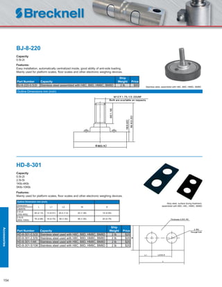 154
BJ-8-220
Capacity
0.5t-2t
Features:
Easy installation, automatically centralized inside, good ability of anti-side loading.
Mainly used for platform scales, ﬂoor scales and other electronic weighing devices.
Part Number Capacity
Ship
Weight Price
BJ-8-220-0.5/2t Stainless steel assembled with H8C, B8D, HM8C, BM8D 2 lb $85
HD-8-301
Capacity
0.5t-2t
2.5t-5t
1Klb-4Klb
5Klb-10Klb
Features:
Mainly used for platform scales, ﬂoor scales and other electronic weighing devices.
Outline Dimension mm (inch)
Dimension
L L1 L2 W D
Capacity
0.5t-2t
(1Klb-4Klb)
54 (2.13) 13 (0.51) 25.4 (1.0) 32 (1.26) 14 (0.55)
2.5t-5t
(5Klb-10Klb)
76 (2.99) 19 (0.75) 38 (1.50) 38 (1.50) 20 (0.79)
Part Number Capacity
Ship
Weight Price
HD-8-301-0.5/2t Stainless steel used with H8C, B8D, HM8C, BM8D 2 lb $20
HD-8-301-2.5/5t Stainless steel used with H8C, B8D, HM8C, BM8D 2 lb $20
HD-8-301-1/4K Stainless steel used with H8C, B8D, HM8C, BM8D 2 lb $20
HD-8-301-5/10K Stainless steel used with H8C, B8D, HM8C, BM8D 2 lb $20
Stainless steel, assembled with H8C, B8D, HM8C, BM8D
Alloy steel, surface bluing treatment,
assembled with B8D, H8C, HM8C, BM8D
Outline Dimensions mm (inch)
Accessories
 