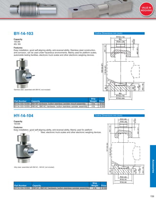 159
BY-14-103
Capacity
10t-30t
40t, 50t
Features:
Easy installation, good self-aligning ability, anti-reversal ability. Stainless steel construction,
anti-corrosion, can be used under hazardous environments. Mainly used for platform scales,
automobile testing facilities, electronic truck scales and other electronic weighing devices.
Part Number Capacity
Ship
Weight Price
BY14-103-10/30t BM14K hardware: button stainless canister mount assembly 4 lb $190
BY14-103-10/50t HM14C, BM14C hardware: button stainless canister assembly 4 lb $190
HY-14-104
Capacity
10t-50t
Features:
Easy installation, good self-aligning ability, anti-reversal ability. Mainly used for platform
scales, automobile testing facilities, electronic truck scales and other electronic weighing devices.
Part Number Capacity
Ship
Weight Price
HY14-104-10/50t HM14C, BM14C hardware: button stainless canister assembly 4 lb $130
Stainless steel, assembled with BM14C (not included)
Alloy steel, assembled with BM14C, HM14C (not included)
Outline Dimensions mm (inch)
Outline Dimensions mm (inch)
Accessories
 