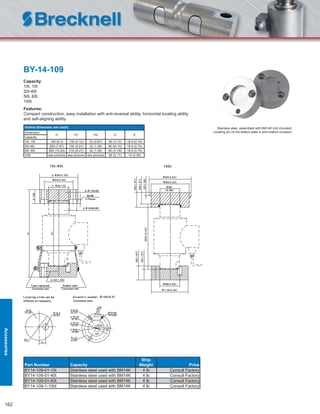 162
BY-14-109
Capacity
10t, 15t
20t-40t
50t, 60t
100t
Features:
Compact construction, easy installation with anti-reversal ability, horizontal locating ability
and self-aligning ability.
Outline Dimension mm (inch)
Dimension
H H1 H2 D E
Capacity
10t, 15t 160 (6.3) 130 (5.12) 22 (0.87) 80 (3.15) 18.9 (0.74)
20t-40t 200 (7.87) 150 (5.91) 32 (1.26) 80 93.15) 18.9 (0.74)
50t, 60t 260 (10.24) 210 (8.27) 32 (1.26) 80 (3.150 18.9 (0.74)
100t see pictures see pictures see pictures 55 (2.17) 14 (0.55)
Part Number Capacity
Ship
Weight Price
BY14-109-01-15t Stainless steel used with BM14K 4 lb Consult Factory
BY14-109-01-40t Stainless steel used with BM14K 4 lb Consult Factory
BY14-109-01-60t Stainless steel used with BM14K 4 lb Consult Factory
BY14-109-1-100t Stainless steel used with BM14K 4 lb Consult Factory
Stainless steel, assembled with BM14K (not included)
Locating pin on the bottom plate is anti-rotation occasion
Accessories
 