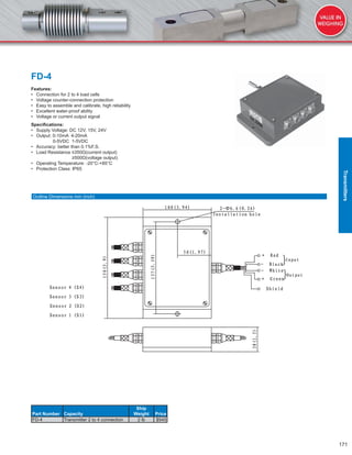 171
FD-4
Features:
• Connection for 2 to 4 load cells
• Voltage counter-connection protection
• Easy to assemble and calibrate, high reliability
• Excellent water-proof ability
• Voltage or current output signal
Speciﬁcations:
• Supply Voltage: DC 12V, 15V, 24V
• Output: 0-10mA 4-20mA
0-5VDC 1-5VDC
• Accuracy: better than 0.1%F.S.
• Load Resistance ≤350Ω(current output)
≥500Ω(voltage output)
• Operating Temperature: -20°C-+85°C
• Protection Class: IP65
Part Number Capacity
Ship
Weight Price
FD-4 Transmitter 2 to 4 connection 2 lb $545
Outline Dimensions mm (inch)
Transmitters
 