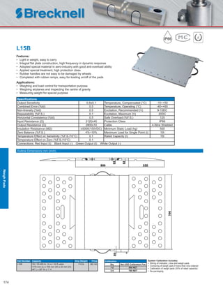 174
L15B
Features:
• Light in weight, easy to carry
• Integral ﬂat plate construction, high frequency in dynamic response
• Adopted special material in aero-industry with good anti-overload ability
• Applied special treatment, high protection class
• Rubber handles are not easy to be damaged by wheels
• Completed with rubber ramps, easy for loading on/off of the pads
Applications:
• Weighing and load control for transportation purpose
• Weighing airplanes and inspecting the centre of gravity
• Measuring weight for special purpose
Speciﬁcations
Output Sensitivity 0.9±0.1 Temperature, Compensated (°C) -10~+50
Combined Error (%ld) 0.5 Temperature, Operating (°C) -40~+80
Non-lineraity (%ld) 0.5 Excitation, Recommended (V) 9-15DC
Repeatability (%F.S.) 0.1 Excitation, Maximum (V) 20DC
Horizontal Consistency (%ld) 0.5 Safe Overload (%F.S.) 120
Input Resistance (Ω) 3120±40 Protection Class IP66
Output Resistance (Ω) 2800±10 Cable 4-Wire Shielded
Insulation Resistance (MΩ) ≥5000(100VDC) Minimum Static Load (kg) 500
Zero Balance (%F.S.) 4%~10% Maximum Load for Single Point (t) 10t
Temperature Effect on Sensitivity (%F.S./10°C) 0.1 Rated Capacity (t) 15t
Temperature Effect on Zero (%F.S./10°C) 0.1
Connections: Red Input (t) Black Input (-) Green Output (t) White Output (-)
Part Number Capacity Ship Weight Price
L15B 15t / 33,000 lb: 10 m / 33 ft cable
1170 mm (L) x 700 mm (W) x 33 mm (H)
46" L x 28" W x 1" H
110 lb $6,140
Outline Dimensions mm (inch)
Calibration
Qty Net USD Calibration Fee
1-2 580 NET
3-4 750 NET
System Calibration Includes:
• Wiring of indicator, j-box and weigh pads
• Cornering of weigh pads if more than one ordered
• Calibration of weigh pads (20% of rated capacity)
• Re-packaging
WeighPads
 
