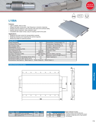 175
L15BA
Features:
• Light in weight, easy to carry
• Integral ﬂat plate construction, high frequency in dynamic response
• Adopted special material in aero-industry with good anti-overload ability
• Applied special treatment, high protection class
• Completed with rubber ramps, easy for loading on/off of the pads
Applications:
• Weighing and load control for transportation purpose
• Weighing airplanes and inspecting the centre of gravity
• Measuring weight for special purpose
Speciﬁcations
Output Sensitivity 1±0.1 Temperature, Compensated (°C) -10~+50
Combined Error (%ld) 0.5 Temperature, Operating (°C) -40~+80
Non-lineraity (%ld) 0.5 Excitation, Recommended (V) 9-15DC
Repeatability (%F.S.) 0.1 Excitation, Maximum (V) 20DC
Horizontal Consistency (%ld) 0.5 Safe Overload (%F.S.) 120
Input Resistance (Ω) 3120±40 Protection Class IP66
Output Resistance (Ω) 2800±10 Cable 4-Wire Shielded
Insulation Resistance (MΩ) ≥5000(100VDC) Minimum Static Load (kg) 500
Zero Balance (%F.S.) 4%~10% Maximum Load for Single Point (t) 10t
Temperature Effect on Sensitivity (%F.S./10°C) 0.1 Rated Capacity (t) 15t
Temperature Effect on Zero (%F.S./10°C) 0.1
Connections: Red Input (t) Black Input (-) Green Output (t) White Output (-)
Part Number Capacity Ship Weight Price
L15BA 15t / 33,000 lb: 10 m / 33 ft cable
808 mm (L) x 500 mm (W) x 33 mm (H)
32" L x 20" W x 1" H
66 lb $6,140
Outline Dimensions mm (inch)
Calibration
Qty Net USD Calibration Fee
1-2 580 NET
3-4 750 NET
System Calibration Includes:
• Wiring of indicator, j-box and weigh pads
• Cornering of weigh pads if more than one ordered
• Calibration of weigh pads (20% of rated capacity)
• Re-packaging
WeighPads
 