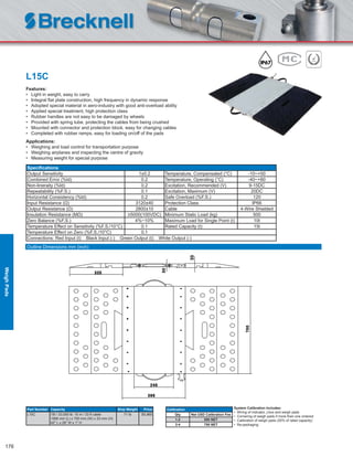 176
L15C
Features:
• Light in weight, easy to carry
• Integral ﬂat plate construction, high frequency in dynamic response
• Adopted special material in aero-industry with good anti-overload ability
• Applied special treatment, high protection class
• Rubber handles are not easy to be damaged by wheels
• Provided with spring tube, protecting the cables from being crushed
• Mounted with connector and protection block, easy for changing cables
• Completed with rubber ramps, easy for loading on/off of the pads
Applications:
• Weighing and load control for transportation purpose
• Weighing airplanes and inspecting the centre of gravity
• Measuring weight for special purpose
Speciﬁcations
Output Sensitivity 1±0.2 Temperature, Compensated (°C) -10~+50
Combined Error (%ld) 0.2 Temperature, Operating (°C) -40~+80
Non-lineraity (%ld) 0.2 Excitation, Recommended (V) 9-15DC
Repeatability (%F.S.) 0.1 Excitation, Maximum (V) 20DC
Horizontal Consistency (%ld) 0.2 Safe Overload (%F.S.) 120
Input Resistance (Ω) 3120±40 Protection Class IP66
Output Resistance (Ω) 2800±10 Cable 4-Wire Shielded
Insulation Resistance (MΩ) ≥5000(100VDC) Minimum Static Load (kg) 500
Zero Balance (%F.S.) 4%~10% Maximum Load for Single Point (t) 10t
Temperature Effect on Sensitivity (%F.S./10°C) 0.1 Rated Capacity (t) 15t
Temperature Effect on Zero (%F.S./10°C) 0.1
Connections: Red Input (t) Black Input (-) Green Output (t) White Output (-)
Part Number Capacity Ship Weight Price
L15C 15t / 33,000 lb: 10 m / 33 ft cable
1068 mm (L) x 700 mm (W) x 33 mm (H)
42" L x 28" W x 1" H
71 lb $5,965
Outline Dimensions mm (inch)
Calibration
Qty Net USD Calibration Fee
1-2 580 NET
3-4 750 NET
System Calibration Includes:
• Wiring of indicator, j-box and weigh pads
• Cornering of weigh pads if more than one ordered
• Calibration of weigh pads (20% of rated capacity)
• Re-packaging
WeighPads
 