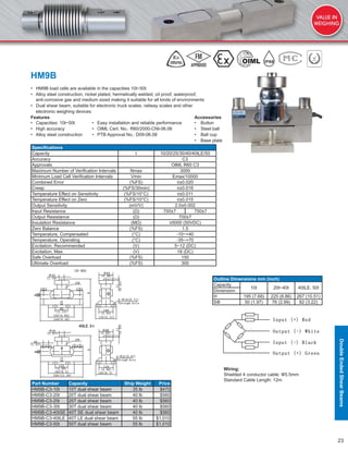 23
HM9B
• HM9B load cells are available in the capacities 10t~50t
• Alloy steel construction, nickel plated, hermetically welded, oil proof, waterproof,
anti-corrosive gas and medium sized making it suitable for all kinds of environments
• Dual shear beam, suitable for electronic truck scales, railway scales and other
electronic weighing devices
Features Accessories
• Capacities: 10t~50t • Easy installation and reliable performance • Button
• High accuracy • OIML Cert. No.: R60/2000-CNI-06.06 • Steel ball
• Alloy steel construction • PTB Approval No.: D09-06.08 • Ball cup
• Base plate
Speciﬁcations
Capacity t 10/20/25/30/40/40tLE/50
Accuracy C3
Approvals OIML R60 C3
Maximum Number of Veriﬁcation Intervals Nmax 3000
Minimum Load Cell Veriﬁcation Intervals Vmin Emax/10000
Combined Error (%FS) ≤±0.020
Creep (%FS/30min) ≤±0.016
Temperature Effect on Sensitivity (%FS/10°C) ≤±0.011
Temperature Effect on Zero (%FS/10°C) ≤±0.015
Output Sensitivity (mV/V) 2.0±0.002
Input Resistance (Ω) 700±7 750±7
Output Resistance (Ω) 700±7
Insulation Resistance (MΩ) ≥5000 (50VDC)
Zero Balance (%FS) 1.5
Temperature, Compensated (°C) -10~+40
Temperature, Operating (°C) -35~+70
Excitation, Recommended (V) 5~12 (DC)
Excitation, Max (V) 18 (DC)
Safe Overload (%FS) 150
Ultimate Overload (%FS) 300
Part Number Capacity Ship Weight Price
HM9B-C3-10t 10T dual shear beam 35 lb $470
HM9B-C3-20t 20T dual shear beam 40 lb $560
HM9B-C3-25t 25T dual shear beam 40 lb $560
HM9B-C3-30t 30T dual shear beam 40 lb $560
HM9B-C3-40tSE 40T SE dual shear beam 40 lb $560
HM9B-C3-40tLE 40T LE dual shear beam 55 lb $1,010
HM9B-C3-50t 50T dual shear beam 55 lb $1,010
Outline Dimensions mm (inch)
Capacity
10t 20t~40t 40tLE, 50t
Dimension
H 195 (7.68) 225 (8.86) 267 (10.51)
SΦ 50 (1.97) 76 (2.99) 82 (3.22)
Wiring:
Shielded 4 conductor cable: Φ5.5mm
Standard Cable Length: 12m
IP68
DoubleEndedShearBeams
 