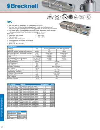24
B9C
• B9C load cells are available in the capacities 5Klb~250Klb
• Stainless steel construction, potted by adhesive inside, oil proof, waterproof,
anti-corrosive gas and medium sized making it suitable for all kinds of environments
• Dual shear beam, suitable for electronic truck scales, automobile testing facilities,
track scales, tank scales and other electronic weighing devices
Features Accessories
• Capacities: 5Klb~250Klb • BM-9-402
• High accuracy • HM-9-401
• Stainless steel construction
• Easy installation and reliable performance
• Low proﬁle
• NTEP Cert. No.: 07-018A1
Speciﬁcations
Capacity Klb 5/10/20/30/40/50/60/75/90/100/150/200/250
Accuracy N3 N10
Maximum Number of Veriﬁcation Intervals Nmax 3000 10000
Minimum Number of Veriﬁcation Intervals Vmin Emax/3000 Emax/10000
Combined Error (%FS) ≤±0.020 ≤±0.020
Creep (%FS/30min) ≤±0.016 ≤±0.020
Temperature Effect on Sensitivity (%FS/10°C) ≤±0.020 ≤±0.014
Temperature Effect on Zero (%FS/10°C) ≤±0.020 ≤±0.017
Output Sensitivity (mV/V) 3.0±0.008
Input Resistance (Ω) 700±7
Output Resistance (Ω) 703±4
Insulation Resistance (MΩ) ≥5000 (50VDC)
Zero Balance (%FS) 1.0
Temperature, Compensated (°C) -10~+40
Temperature, Operating (°C) -35~+70
Excitation, Recommended (V) 5~12 (DC)
Excitation, Max (V) 18 (DC)
Safe Overload (%FS) 150
Ultimate Overload (%FS) 300
Part Number Capacity Ship Weight Price
B9C-N3-5K-9B 5K stainless dual shear beam 4 lb $580
B9C-N10-10K-9B 10K stainless dual shear beam 4 lb $580
B9C-N10-20K-9B 20K stainless dual shear beam 9 lb $645
B9C-N10-30K-9B 30K stainless dual shear beam 20 lb $1,025
B9C-N10-40K-9B 40K stainless dual shear beam 20 lb $1,025
B9C-N10-50K-9B 50K stainless dual shear beam 22 lb $1,025
B9C-N10-60K-9B 60K stainless dual shear beam 22 lb $1,025
B9C-N10-75K-9B 75K stainless dual shear beam 22 lb $1,025
B9C-N10-90K-9B 90K stainless dual shear beam 22 lb $1,335
B9C-N10-100K-9B 100K stainless dual shear beam 29 lb $1,335
B9C-N3-150K-9B 150K stainless dual shear beam 35 lb $1,580
B9C-N3-200K-9B 200K stainless dual shear beam 93 lb $3,810
B9C-N3-250K-9B 250K stainless dual shear beam 99 lb $3,810
Compatible Products
Manufacturer Model
Revere 9103
Coti CI-5103-SSW
Rice Lake RL7100HE
DoubleEndedShearBeams
 