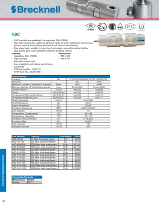 30
H9C
• H9C load cells are available in the capacities 5Klb~250Klb
• Alloy steel construction, potted by adhesive inside, oil proof, waterproof, anti-corrosive
gas and medium sized making it suitable for all kinds of environments
• Dual shear beam, suitable for electronic truck scales, automobile testing facilities,
track scales, tank scales and other electronic weighing devices
Features Accessories
• Capacities: 5Klb~250Klb • BM-9-402
• High accuracy • HM-9-401
• Alloy steel construction
• Easy installation and reliable performance
• Low proﬁle
• PTB Approval No.: D09-07.07
• NTEP Cert. No.: CC07-018A1
Speciﬁcations
Capacity Klb 5/10/20/30/40/50/60/75/100/150/200/250
Accuracy N3 N10
Maximum Number of Veriﬁcation Intervals Nmax 3000 10000
Minimum Number of Veriﬁcation Intervals Vmin Emax/3000 Emax/10000
Combined Error (%FS) ≤±0.030 ≤±0.020
Creep (%FS/30min) ≤±0.030 ≤±0.020
Temperature Effect on Sensitivity (%FS/10°C) ≤±0.020 ≤±0.014
Temperature Effect on Zero (%FS/10°C) ≤±0.025 ≤±0.017
Output Sensitivity (mV/V) 3.0±0.008
Input Resistance (Ω) 700±7
Output Resistance (Ω) 703±4
Insulation Resistance (MΩ) ≥5000 (50VDC)
Zero Balance (%FS) 1.0
Temperature, Compensated (°C) -10~+40
Temperature, Operating (°C) -35~+70
Excitation, Recommended (V) 5~12 (DC)
Excitation, Max (V) 18 (DC)
Safe Overload (%FS) 150
Ultimate Overload (%FS) 300
Part Number Capacity Ship Weight Price
H9C-N3-5K 5K alloy dual shear beam 4 lb $470
H9C-N3-10K 10K alloy dual shear beam 4 lb $470
H9C-N3-200K 200K alloy dual shear beam 93 lb $2,110
H9C-N3-250K 250K alloy dual shear beam 99 lb $2,110
H9C-N10-20K 20K alloy dual shear beam 9 lb $480
H9C-N10-30K 30K alloy dual shear beam 20 lb $625
H9C-N10-40K 40K alloy dual shear beam 20 lb $625
H9C-N10-50K 50K alloy dual shear beam 22 lb $625
H9C-N10-60K 60K alloy dual shear beam 22 lb $625
H9C-N10-75K 75K alloy dual shear beam 22 lb $625
H9C-N10-100K 100K alloy dual shear beam 29 lb $900
H9C-N10-150K 150K alloy dual shear beam 35 lb $1,090
Compatible Products
Manufacturer Model
Revere 5103
DoubleEndedShearBeams
 