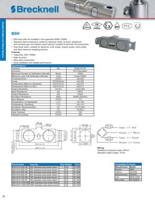 36
B9H
• B9H load cells are available in the capacities 50Klb~100Klb
• Stainless steel construction, potted by adhesive inside, oil proof, waterproof,
anti-corrosive gas and medium sized making it suitable for all kinds of environments
• Dual shear beam, suitable for electronic truck scales, hopper scales, track scales,
and other electronic weighing devices
Features
• Capacities: 50K~100Klb
• High accuracy
• Alloy steel construction
• Easy installation and reliable performance
Speciﬁcations
Capacity Klb 50/60/75/100
Accuracy N10 Equivalent
Maximum Number of Veriﬁcation Intervals Nmax 10000
Minimum Load Cell Veriﬁcation Intervals Vmin Emax/10000
Combined Error (%FS) ≤±0.020
Creep (%FS/30min) ≤±0.020
Temperature Effect on Sensitivity (%FS/10°C) ≤±0.014
Temperature Effect on Zero (%FS/10°C) ≤±0.017
Output Sensitivity (mV/V) 3.0±0.003
Input Resistance (Ω) 700±7
Output Resistance (Ω) 703±4
Insulation Resistance (MΩ) ≥5000 (50VDC)
Zero Balance (%FS) 1.0
Temperature, Compensated (°C) -10~+40
Temperature, Operating (°C) -35~+70
Excitation, Recommended (V) 5~12 (DC)
Excitation, Max (V) 18 (DC)
Safe Overload (%FS) 150
Ultimate Overload (%FS) 300
Part Number Capacity Ship Weight Price
B9H-N10-50K-9B 50K stainless dual shear beam 22 lb $1,295
B9H-N10-50K-9F 50K stainless dual shear beam 22 lb $1,325
B9H-N10-60K-9B 60K stainless dual shear beam 22 lb $1,295
B9H-N10-60K-9F 60K stainless dual shear beam 22 lb $1,325
B9H-N10-75K-9B 75K stainless dual shear beam 22 lb $1,295
B9H-N10-75K-9F 75K stainless dual shear beam 22 lb $1,325
B9H-N10-100K-9B 100K stainless dual shear beam 22 lb $1,295
B9H-N10-100K-9F 100K stainless dual shear beam 22 lb $1,325
Wiring:
Shielded 4 conductor cable: Φ5mm
Standard Cable Length: 19.3m
Compatible Products
Manufacturer Model
Revere 9903
Celtron DLB SS
Sensortronics 65040S
Coti BE40-SSW
Rice Lake RL75040A
DoubleEndedLinkShearBeams
 