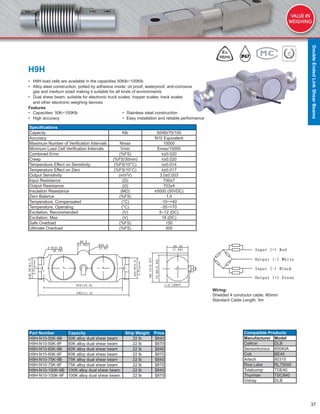 37
H9H
• H9H load cells are available in the capacities 50Klb~100Klb
• Alloy steel construction, potted by adhesive inside, oil proof, waterproof, anti-corrosive
gas and medium sized making it suitable for all kinds of environments
• Dual shear beam, suitable for electronic truck scales, hopper scales, track scales
and other electronic weighing devices
Features
• Capacities: 50K~100Klb • Stainless steel construction
• High accuracy • Easy installation and reliable performance
Speciﬁcations
Capacity Klb 50/60/75/100
Accuracy N10 Equivalent
Maximum Number of Veriﬁcation Intervals Nmax 10000
Minimum Load Cell Veriﬁcation Intervals Vmin Emax/10000
Combined Error (%FS) ≤±0.020
Creep (%FS/30min) ≤±0.020
Temperature Effect on Sensitivity (%FS/10°C) ≤±0.014
Temperature Effect on Zero (%FS/10°C) ≤±0.017
Output Sensitivity (mV/V) 3.0±0.003
Input Resistance (Ω) 700±7
Output Resistance (Ω) 703±4
Insulation Resistance (MΩ) ≥5000 (50VDC)
Zero Balance (%FS) 1.0
Temperature, Compensated (°C) -10~+40
Temperature, Operating (°C) -35~+70
Excitation, Recommended (V) 5~12 (DC)
Excitation, Max (V) 18 (DC)
Safe Overload (%FS) 150
Ultimate Overload (%FS) 300
Part Number Capacity Ship Weight Price
H9H-N10-50K-9B 50K alloy dual shear beam 22 lb $840
H9H-N10-50K-9F 50K alloy dual shear beam 22 lb $870
H9H-N10-60K-9B 60K alloy dual shear beam 22 lb $840
H9H-N10-60K-9F 60K alloy dual shear beam 22 lb $870
H9H-N10-75K-9B 75K alloy dual shear beam 22 lb $840
H9H-N10-75K-9F 75K alloy dual shear beam 22 lb $870
H9H-N10-100K-9B 100K alloy dual shear beam 22 lb $840
H9H-N10-100K-9F 100K alloy dual shear beam 22 lb $870
Wiring:
Shielded 4 conductor cable: Φ5mm
Standard Cable Length: 5m
Compatible Products
Manufacturer Model
Celtron DLB
Sensortronics 65040A
Coti BE40
Artech 80310
Rice Lake RL75040
Totalcomp TDE40
Thurman TSC840
Vishay DLB
DoubleEndedLinkShearBeams
 