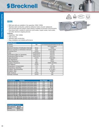 38
B9N
• B9N load cells are available in the capacities 10Klb~125Klb
• Stainless steel construction, potted by adhesive inside, oil proof, waterproof,
anti-corrosive gas and medium sized making it suitable for all kinds of environments
• Dual shear beam, suitable for electronic truck scales, hopper scales, track scales
and other electronic weighing devices
Features
• Capacities: 10lb~125Klb
• High accuracy
• Stainless steel construction
• Easy installation and reliable performance
Speciﬁcations
Capacity Klb 10/15/20/25/30/40/50/60/75/100/125
Accuracy N10 Equivalent
Maximum Number of Veriﬁcation Intervals Nmax 10000
Minimum Number of Veriﬁcation Intervals Vmin Emax/10000
Combined Error (%FS) ≤±0.020
Creep (%FS/30min) ≤±0.020
Temperature Effect on Sensitivity (%FS/10°C) ≤±0.014
Temperature Effect on Zero (%FS/10°C) ≤±0.017
Output Sensitivity (mV/V) 3.0±0.003
Input Resistance (Ω) 700±7
Output Resistance (Ω) 703±4
Insulation Resistance (MΩ) ≥5000 (50VDC)
Zero Balance (%FS) 1.0
Temperature, Compensated (°C) -10~+40
Temperature, Operating (°C) -35~+70
Excitation, Recommended (V) 5~12 (DC)
Excitation, Max (V) 18 (DC)
Safe Overload (%FS) 150
Ultimate Overload (%FS) 300
Part Number Capacity Ship Weight Price
B9N-N10-10K-9B 10K stainless dual shear beam 4 lb $975
B9N-N10-15K-9B 15K stainless dual shear beam 4 lb $975
B9N-N10-20K-9B 20K stainless dual shear beam 4 lb $975
B9N-N10-25K-9B 25K stainless dual shear beam 4 lb $975
B9N-N10-30K-9B 30K stainless dual shear beam 20 lb $1,175
B9N-N10-40K-9B 40K stainless dual shear beam 20 lb $1,175
B9N-N10-50K-9B 50K stainless dual shear beam 22 lb $1,260
B9N-N10-60K-9B 60K stainless dual shear beam 22 lb $1,260
B9N-N10-75K-9B 75K stainless dual shear beam 22 lb $1,260
B9N-N10-100K-9B 100K stainless dual shear beam 29 lb $2,525
B9N-N10-125K-9B 125K stainless dual shear beam 29 lb $2,855
Compatible Products
Manufacturer Model
Revere 9303
Sensortronics 65058SS
DoubleEndedLinkShearBeams
 