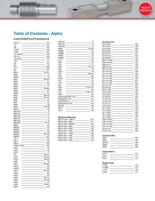 Load Cells/ForceTransducers
004-G _____________________ 113
1A _____________________ 104
1B _____________________ 105
1F6-S _____________________ 106
1HM _____________________ 107
1P Series____________________ 108
1R1-K _____________________ 109
1V3-350_____________________ 110
1X1 _____________________ 111
1Z _____________________ 112
2A ______________________ 99
2C1 _____________________ 100
2F _____________________ 101
B3G ____________________50-51
B6E ______________________ 77
B6E3 ______________________ 70
B6F ____________________82-83
B6G ______________________ 87
B6N ______________________ 94
B6Q ______________________ 71
B8D ____________________64-65
B8Q ______________________ 61
B9B1 ______________________ 22
B9C ____________________24-25
B9D ____________________26-27
B9E ______________________ 33
B9F ______________________ 35
B9H ______________________ 36
B9N ____________________38-39
BM11 ______________________ 69
BM14A _______________________ 8
BM14C _______________________ 9
BM14D ______________________ 11
BM14G ______________________ 12
BM14K ______________________ 14
BM24R ____________________18-19
BM3 ______________________ 44
BM6A ______________________ 96
BM6E ______________________ 97
BM6G ______________________ 98
BM8D ____________________58-59
BM8H ______________________ 67
CF-1 _____________________ 114
DB-1 _____________________ 119
DB-2 _____________________ 120
FAB-47-Xg___________________ 103
H2A ______________________ 16
H2D ______________________ 20
H2F ______________________ 17
H3 ____________________46-47
H3F ____________________48-49
H3G ____________________52-53
H6E ______________________ 78
H6F ____________________84-85
H6G ______________________ 88
H6G5 ______________________ 89
H8C ____________________63-63
H8H ______________________ 66
H8Q ______________________ 60
H9C ____________________30-31
H9D ____________________28-29
H9H ______________________ 37
H9N ____________________40-41
HM11 ______________________ 68
HM14C ______________________ 10
HM14H ______________________ 13
HM2D4 ______________________ 21
HM8 ____________________54-55
HM8C ______________________ 56
HM9B ______________________ 23
HM9C ______________________ 32
HM9E ______________________ 34
L3V ______________________ 45
L6B ______________________ 72
L6C ______________________ 73
L6D ____________________74-75
L6E ______________________ 76
L6E3 ______________________ 79
L6F ____________________80-81
L6G ______________________ 86
L6H5 ______________________ 90
L6J ______________________ 91
L6J1 ______________________ 92
L6L ______________________ 93
L6N __________________122-123
L6Q _____________________ 124
L6T __________________126-127
L6W ______________________ 95
Q45X10(8)X6-7.5G ____________ 114
Q45Z6Z6-7.5F________________ 116
Q70X5X9-H __________________ 117
Q84X5XX12-05 _______________ 118
S6400 _____________________ 102
YA-6 ______________________ 42
YA-7 ______________________ 43
Weighing Modules
BM-11-401 / BM11_____________ 137
BM-8-404 / B8D_______________ 131
BM-8-406 / BM8H _____________ 132
BM-9-402 / B9C_______________ 134
BM-9-404 / B9D_______________ 136
HM-2-401 / H2F_______________ 128
HM-8-401 / HM8 ______________ 129
HM-8-402 / H8C ______________ 130
HM-9-401 / H9C ______________ 133
HM-9-403 / H9D ______________ 135
Accessories
BJ-8-202 ____________________ 148
BJ-8-205 ____________________ 149
BJ-8-206 ____________________ 150
BJ-8-207 ____________________ 150
BJ-8-215 ____________________ 151
BJ-8-219 ____________________ 153
BJ-8-220 ____________________ 154
BM-11-402___________________ 140
BM-14-414___________________ 144
BM-8-411____________________ 138
BM-8-412____________________ 139
BY-14-101 ___________________ 157
BY-14-102 ___________________ 158
BY-14-103 ___________________ 159
BY-14-105 ___________________ 160
BY-14-106 ___________________ 160
BY-14-108 ___________________ 161
BY-14-109 ___________________ 162
BY-14-117 ___________________ 163
BY-8-104 ____________________ 156
BY-8-106 ____________________ 156
HD-8-301____________________ 154
HJ-8-201 ____________________ 148
HJ-8-203 ____________________ 149
HJ-8-213 ____________________ 151
HJ-8-216 ____________________ 152
HJ-8-217 ____________________ 152
HJ-8-218 ____________________ 153
HL-3-001 ____________________ 145
HL-3-002 ____________________ 145
HL-3-003 ____________________ 146
HL-3-004 ____________________ 146
HL-3-005 ____________________ 147
HM-14-401___________________ 141
HM-14-403___________________ 142
HM-14-410___________________ 143
HY-14-104 ___________________ 159
HY-8-101 ____________________ 155
HY-8-102 ____________________ 155
Junction Box
JB01 _____________________ 164
JB02 _____________________ 165
JB05A _____________________ 166
JB06 _____________________ 167
JB07 _____________________ 168
Transmitters
FD-3 _____________________ 170
FD-4 _____________________ 171
FD-5 _____________________ 172
Weigh Pads
L15B _____________________ 174
L15BA _____________________ 175
L15C _____________________ 176
L15K _____________________ 177
Table of Contents - Alpha
 