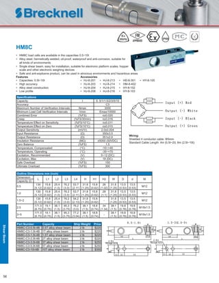56
HM8C
• HM8C load cells are available in the capacities 0.5~10t
• Alloy steel, hermetically welded, oil-proof, waterproof and anti-corrosion, suitable for
all kinds of environments
• Single shear beam, easy for installation, suitable for electronic platform scales, hopper
scale and other electronic weighing devices
• Safe and anti-explosive product, can be used in atrocious environments and hazardous areas
Features Accessories
• Capacities: 0.5t~10t • HJ-8-201 • HJ-8-213 • HD-8-301 • HY-8-105
• High accuracy • HJ-8-203 • HJ-8-214 • HM-8-402
• Alloy steel construction • HJ-8-204 • HJ-8-215 • HY-8-102
• Low proﬁle • HJ-8-208 • HJ-8-216 • HY-8-103
Speciﬁcations
Capacity t 0. 5/1/1.5/2/3/5/10
Accuracy C3
Maximum Number of Veriﬁcation Intervals Nmax 3000
Minimum Load Cell Veriﬁcation Intervals Vmin Emax/10000
Combined Error (%FS) ≤±0.020
Creep (%FS/30min) ≤±0.016
Temperature Effect on Sensitivity (%FS/10°C) ≤±0.011
Temperature Effect on Zero (%FS/10°C) ≤±0.015
Output Sensitivity (mV/V) 2.0±0.004
Input Resistance (Ω) 350±3.5
Output Resistance (Ω) 351±2.0
Insulation Resistance (MΩ) ≥5000 (50VDC)
Zero Balance (%FS) 1.5
Temperature, Compensated (°C) -10~+40
Temperature, Operating (°C) -35~+70
Excitation, Recommended (V) 5~12 (DC)
Excitation, Max (V) 18 (DC)
Safe Overload (%FS) 150
Ultimate Overload (%FS) 300
Part Number Capacity Ship Weight Price
HM8C-C3-0.5t-4B 0.5T alloy shear beam 2 lb $220
HM8C-C3-1.0t-4B 1T alloy shear beam 2 lb $220
HM8C-C3-1.5t-4B 1.5T alloy shear beam 2 lb $220
HM8C-C3-2.0t-4B 2T alloy shear beam 2 lb $220
HM8C-C3-3.0t-6B 3T alloy shear beam 2 lb $250
HM8C-C3-5.0t-6B 5T alloy shear beam 2 lb $250
HM8C-C3-10t-6B 10T alloy shear beam 2 lb $350
Outline Dimensions mm (inch)
Dimension
L L1 L2 L3 L4 H H1 H2 W D d M
Capacity (t)
0.5
130
(5.12)
15.8
(0.62)
25.4
(1.0)
76.2
(3.0)
53.7
(2.11)
31.8
(1.25)
15.8
(0.62)
26
(1.02)
31.8
(1.25)
13.5
(0.53)
13.5
(0.53)
M12
1.0
130
(5.12)
15.8
(0.62)
25.4
(1.0)
76.2
(3.0)
53.7
(2.11)
31.8
(1.25)
15.8
(0.62)
28
(1.1)
31.8
(1.25)
13.5
(0.53)
13.5
(0.53)
M12
1.5~2
130
(5.12)
15.8
(0.62)
25.4
(1.0)
76.2
(3.0)
54.2
(2.13)
31.8
(1.25)
15.8
(0.62)
-
31.8
(1.25)
13.5
(0.53)
13.5
(0.53)
M12
2.5
171.5
(6.75)
19.1
(0.75)
38.1
(1.5)
95.3
(3.75)
76.2
(3.0)
38.1
(1.5)
18.8
(0.74)
34
(1.34)
38.1
(1.5)
19.8
(0.78)
19.8
(0.78)
M18x1.5
3~5
171.5
(6.75)
19.1
(0.75)
38.1
(1.5)
95.3
(3.75)
77.2
(3.04)
38.1
(1.5)
18.8
(0.74)
-
38.1
(1.5)
19.8
(0.78)
19.8
(0.78)
M18x1.5
Wiring:
Shielded 4 conductor cable: Φ5mm
Standard Cable Length: 4m (0.5t~2t); 6m (2.5t~10t)
IP68
ShearBeam
 