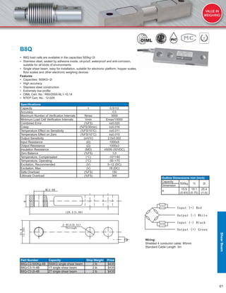 61
B8Q
• B8Q load cells are available in the capacities 500kg~2t
• Stainless steel, sealed by adhesive inside, oil-proof, waterproof and anti-corrosion,
suitable for all kinds of environments
• Single shear beam, easy for installation, suitable for electronic platform, hopper scales,
ﬂoor scales and other electronic weighing devices
Features
• Capacities: 500KG~2t
• High accuracy
• Stainless steel construction
• Extremely low proﬁle
• OIML Cert. No.: R60/2000-NL1-10.14
• NTEP Cert. No.: 12-029
Speciﬁcations
Capacity t 0.5/1/2
Accuracy C3
Maximum Number of Veriﬁcation Intervals Nmax 3000
Minimum Load Cell Veriﬁcation Intervals Vmin Emax/10000
Combined Error (%FS) ≤±0.020
Creep (%FS/30min) ≤±0.016
Temperature Effect on Sensitivity (%FS/10°C) ≤±0.011
Temperature Effect on Zero (%FS/10°C) ≤±0.015
Output Sensitivity (mV/V) 2.0±0.002
Input Resistance (Ω) 1000±5
Output Resistance (Ω) 1000±3
Insulation Resistance (MΩ) ≥5000 (50VDC)
Zero Balance (%FS) 1.0
Temperature, Compensated (°C) -10~+40
Temperature, Operating (°C) -35~+70
Excitation, Recommended (V) 5~12 (DC)
Excitation, Max (V) 18 (DC)
Safe Overload (%FS) 150
Ultimate Overload (%FS) 300
Part Number Capacity Ship Weight Price
B8Q-C3-500Kg-4B 500KG single shear beam 2 lb $435
B8Q-C3-1t-4B 1T single shear beam 2 lb $435
B8Q-C3-2t-4B 2T single shear beam 2 lb $435
Outline Dimensions mm (inch)
Capacity
500kg 1t 2t
Dimension
H
15.9
(0.63)
19.1
(0.75)
25.4
(1.0)
Wiring:
Shielded 4 conductor cable: Φ5mm
Standard Cable Length: 3m
ShearBeam
 
