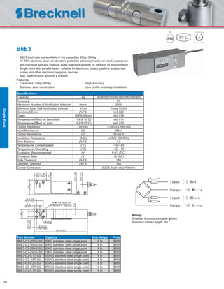 70
B6E3
• B6E3 load cells are available in the capacities 20kg~300kg
• 17-4PH stainless steel construction, potted by adhesive inside, oil proof, waterproof,
anti-corrosive gas and medium sized making it suitable for all kinds of environments
• Single point with parallel beam, suitable for electronic scales, platform scales, belt
scales and other electronic weighing devices
• Max. platform size: 400mm x 400mm
Features
• Capacities: 20kg~300kg • High accuracy
• Stainless steel construction • Low proﬁle and easy installation
Speciﬁcations
Capacity kg 20/30/50/75/100/150/200/250/300
Accuracy C3
Maximum Number of Veriﬁcation Intervals Nmax 3000
Minimum Load Cell Veriﬁcation Interval Vmin Emax/10000
Combined Error (%FS) ≤±0.020
Creep (%FS/30min) ≤±0.016
Temperature Effect on Sensitivity (%FS/10°C) ≤±0.011
Temperature Effect on Zero (%FS/10°C) ≤±0.015
Output Sensitivity (mV/V) 2.0±0.2/2.0±0.002
Input Resistance (Ω) 384±4
Output Resistance (Ω) 351±2.0
Insulation Resistance (MΩ) ≥5000 (50VDC)
Zero Balance (%FS) 1.5
Temperature, Compensated (°C) -10~+40
Temperature, Operating (°C) -35~+70
Excitation, Recommended (V) 5~12 (DC)
Excitation, Max (V) 18 (DC)
Safe Overload (%FS) 150
Ultimate Overload (%FS) 300
Corner Correction 0.02% load value/100mm
Part Number Capacity Ship Weight Price
B6E3-C3-20KG-3G 20KG stainless steel single point 8 lb $695
B6E3-C3-30KG-3G 30KG stainless steel single point 8 lb $695
B6E3-C3-50KG-3G 50KG stainless steel single point 8 lb $695
B6E3-C3-75KG-3G 75KG stainless steel single point 8 lb $695
B6E3-C3-0.1T-3G 100KG stainless steel single point 8 lb $695
B6E3-C3-.15T-3G 150KG stainless steel single point 8 lb $695
B6E3-C3-0.2T-3G 200KG stainless steel single point 8 lb $695
B6E3-C3-.25T-3G 250KG stainless steel single point 8 lb $695
B6E3-C3-0.3T-3G 300KG stainless steel single point 8 lb $695
Wiring:
Shielded 4 conductor cable: ɸ5mm
Standard Cable Length: 3m
SinglePoint
 