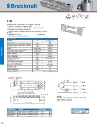 72
L6B
• L6B load cells are available in the capacities 0.3kg~3kg
• Aluminum construction with parallel beam
• Silicon adhesive sealed, surface anodized and anti-corrosion
• Integral structure and easy installation
• Suitable for electronic balance and other electronic weighing devices
Features
• Capacities: 0.3kg~3kg • High accuracy
• Max. platform size: 200mm x 200mm
Speciﬁcations
Capacity kg 0.3/0.6/1.2/3
Accuracy C3
Maximum Number of Veriﬁcation Intervals Nmax 2500
Minimum Number of Veriﬁcation Intervals Vmin Emax/5000
Combined Error (%FS) ≤±0.030
Creep (%FS/30min) ≤±0.020
Temperature Effect on Sensitivity (%FS/10°C) ≤±0.021
Temperature Effect on Zero (%FS/10°C) ≤±0.028
Output Sensitivity (mV/V) 0.9±0.1
Input Resistance (Ω) 406±6
Output Resistance (Ω) 350±3
Insulation Resistance (MΩ) ≥5000 (50VDC)
Zero Balance (%FS) 2
Temperature, Compensated (°C) -10~+40
Temperature, Operating (°C) -35~+65
Excitation, Recommended (V) 5~12 (DC)
Excitation, Max (V) 18 (DC)
Safe Overload (%FS) 120
Ultimate Overload (%FS) 150
Corner Correction 0.02% load value/100mm
Part Number Capacity Ship Weight Price
L6B-C3-0.3Kg 0.3KG aluminum single point metric 2 lb $115
L6B-C3-0.6Kg 0.6KG aluminum single point metric 2 lb $115
L6B-C3-1.2Kg 1.2KG aluminum single point metric 2 lb $115
L6B-C3-3Kg 3KG aluminum single point metric 2 lb $115
Wiring:
Shielded 4 conductor cable and cable jacket is PVC
Cable Length: 0.45±0.05m
Cable Diameter: 3±0.2mm
Compatible Products
Manufacturer Model
Tedea 1004
SinglePoint
 