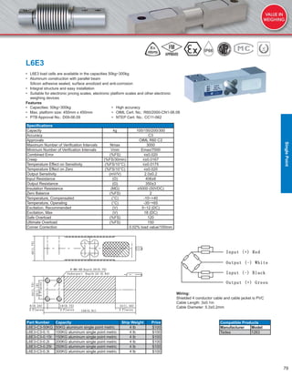 79
L6E3
• L6E3 load cells are available in the capacities 50kg~300kg
• Aluminum construction with parallel beam
Silicon adhesive sealed, surface anodized and anti-corrosion
• Integral structure and easy installation
• Suitable for electronic pricing scales, electronic platform scales and other electronic
weighing devices
Features
• Capacities: 50kg~300kg • High accuracy
• Max. platform size: 450mm x 450mm • OIML Cert. No.: R60/2000-CN1-06.08
• PTB Approval No.: D09-06.09 • NTEP Cert. No.: CC11-062
Speciﬁcations
Capacity kg 100/150/200/300
Accuracy C3
Approvals OIML R60 C3
Maximum Number of Veriﬁcation Intervals Nmax 3000
Minimum Number of Veriﬁcation Intervals Vmin Emax/7000
Combined Error (%FS) ≤±0.020
Creep (%FS/30min) ≤±0.0167
Temperature Effect on Sensitivity (%FS/10°C) ≤±0.0175
Temperature Effect on Zero (%FS/10°C) ≤±0.020
Output Sensitivity (mV/V) 2.0±0.2
Input Resistance (Ω) 406±6
Output Resistance (Ω) 350±3
Insulation Resistance (MΩ) ≥5000 (50VDC)
Zero Balance (%FS) 2
Temperature, Compensated (°C) -10~+40
Temperature, Operating (°C) -35~+65
Excitation, Recommended (V) 5~12 (DC)
Excitation, Max (V) 18 (DC)
Safe Overload (%FS) 120
Ultimate Overload (%FS) 150
Corner Correction 0.02% load value/100mm
Part Number Capacity Ship Weight Price
L6E3-C3-50KG 50KG aluminum single point metric 4 lb $100
L6E3-C3-0.1t 100KG aluminum single point metric 4 lb $100
L6E3-C3-0.15t 150KG aluminum single point metric 4 lb $100
L6E3-C3-0.2t 200KG aluminum single point metric 4 lb $100
L6E3-C3-0.25t 250KG aluminum single point metric 4 lb $100
L6E3-C3-0.3t 300KG aluminum single point metric 4 lb $100
Wiring:
Shielded 4 conductor cable and cable jacket is PVC
Cable Length: 3±0.1m
Cable Diameter: 5.3±0.2mm
Compatible Products
Manufacturer Model
Tedea 1263
SinglePoint
 