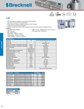 80
L6F
• L6F load cells are available in the capacities 50kg~2000kg
• Aluminum construction with parallel beam
• Silicon adhesive sealed, surface anodized and anti-corrosion
• Integral structure and easy installation
• Suitable for electronic pricing scales, platform scales and other electronic weighing devices
Features
• Capacities: 50kg~2000kg • OIML Cert. No.: R60/2000-CN1-06.01 Revision 1
• High accuracy • PTB Approval No.: D09-06.10
• Max. platform size:
50kg~200kg 600mm x 600mm
250kg~500kg 600mm x 800mm
750kg~2000kg 1200mm x 1200mm
Speciﬁcations
Capacity kg 50/100/150/200/250/500/750/1000/2000
Accuracy C3
Approvals OIML R60 C3
Maximum Number of Veriﬁcation Intervals Nmax 3000
Minimum Number of Veriﬁcation Intervals Vmin Emax/7000
Combined Error (%FS) ≤±0.020
Creep (%FS/30min) ≤±0.0167
Temperature Effect on Sensitivity (%FS/10°C) ≤±0.0175
Temperature Effect on Zero (%FS/10°C) ≤±0.020
Output Sensitivity (mV/V) 2.0±0.2
Input Resistance (Ω) 406±6
Output Resistance (Ω) 350±3
Insulation Resistance (MΩ) ≥5000 (50VDC)
Zero Balance (%FS) 2
Temperature, Compensated (°C) -10~+40
Temperature, Operating (°C) -35~+65
Excitation, Recommended (V) 5~12 (DC)
Excitation, Max (V) 18 (DC)
Safe Overload (%FS) 120
Ultimate Overload (%FS) 150
Corner Correction 0.02% load value/100mm
Part Number Capacity Ship Weight Price
L6F-C3-50KG 50KG aluminum single point metric 4 lb $200
L6F-C3-0.1t 100KG aluminum single point metric 4 lb $200
L6F-C3-0.15t 150KG aluminum single point metric 4 lb $200
L6F-C3-0.2t 200KG aluminum single point metric 4 lb $200
L6F-C3-0.25t 250KG aluminum single point metric 4 lb $335
L6F-C3-0.5t 500KG aluminum single point metric 4 lb $335
L6F-C3-0.75t 750KG aluminum single point metric 8 lb $480
L6F-C3-1t 1000KG aluminum single point metric 8 lb $480
L6F-C3-2t 2000KG aluminum single point metric 8 lb $480
Compatible Products
Manufacturer Model
Tedea 1320
Celtron HOC
SinglePoint
 