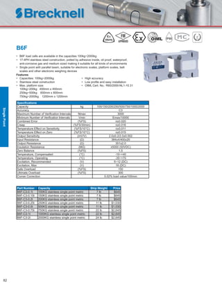 82
B6F
• B6F load cells are available in the capacities 100kg~2000kg
• 17-4PH stainless steel construction, potted by adhesive inside, oil proof, waterproof,
anti-corrosive gas and medium sized making it suitable for all kinds of environments
• Single point with parallel beam, suitable for electronic scales, platform scales, belt
scales and other electronic weighing devices
Features
• Capacities: 100kg~2000kg • High accuracy
• Stainless steel construction • Low proﬁle and easy installation
• Max. platform size: • OIML Cert. No.: R60/2000-NL1-10.31
100kg~200kg 400mm x 400mm
250kg~500kg 600mm x 800mm
750kg~2000kg 1200mm x 1200mm
Speciﬁcations
Capacity kg 100/150/200/250/500/750/1000/2000
Accuracy C3
Maximum Number of Veriﬁcation Intervals Nmax 3000
Minimum Number of Veriﬁcation Intervals Vmin Emax/10000
Combined Error (%FS) ≤±0.020
Creep (%FS/30min) ≤±0.016
Temperature Effect on Sensitivity (%FS/10°C) ≤±0.011
Temperature Effect on Zero (%FS/10°C) ≤±0.015
Output Sensitivity (mV/V) 2.0±0.2/2.0±0.002
Input Resistance (Ω) 384±4/400±20
Output Resistance (Ω) 351±2.0
Insulation Resistance (MΩ) ≥5000 (50VDC)
Zero Balance (%FS) 1.5
Temperature, Compensated (°C) -10~+40
Temperature, Operating (°C) -35~+70
Excitation, Recommended (V) 5~12 (DC)
Excitation, Max (V) 18 (DC)
Safe Overload (%FS) 150
Ultimate Overload (%FS) 300
Corner Correction 0.02% load value/100mm
Part Number Capacity Ship Weight Price
B6F-C3-0.1t 100KG stainless single point metric 7 lb $645
B6F-C3-0.15t 150KG stainless single point metric 7 lb $645
B6F-C3-0.2t 200KG stainless single point metric 7 lb $645
B6F-C3-0.25t 250KG stainless single point metric 11 lb $1,030
B6F-C3-0.5t 500KG stainless single point metric 11 lb $1.030
B6F-C3-0.75t 750KG stainless single point metric 22 lb $2,645
B6F-C3-1t 1000KG stainless single point metric 22 lb $2,645
B6F-C3-2t 2000KG stainless single point metric 24 lb $2,645
SinglePoint
 