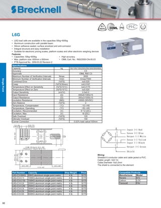 86
L6G
• L6G load cells are available in the capacities 50kg~600kg
• Aluminum construction with parallel beam
• Silicon adhesive sealed, surface anodized and anti-corrosion
• Integral structure and easy installation
• Suitable for electronic pricing scales, platform scales and other electronic weighing devices
Features
• Capacities: 50kg~600kg • High accuracy
• Max. platform size: 600mm x 600mm • OIML Cert. No.: R60/2000-CN-00.03
• PTB Approval No.: D09-03.22 Revision 2
Speciﬁcations
Capacity kg 50/100/150/200/250/300/500/600
Accuracy C3
Approvals OIML R60 C3
Maximum Number of Veriﬁcation Intervals Nmax 3000
Minimum Number of Veriﬁcation Intervals Vmin Emax/7000
Combined Error (%FS) ≤±0.020
Creep (%FS/30min) ≤±0.0167
Temperature Effect on Sensitivity (%FS/10°C) ≤±0.0175
Temperature Effect on Zero (%FS/10°C) ≤±0.020
Output Sensitivity (mV/V) 2.0±0.2
Input Resistance (Ω) 406±6/1065±15
Output Resistance (Ω) 350±3/1000±10
Insulation Resistance (MΩ) ≥5000 (50VDC)
Zero Balance (%FS) 2
Temperature, Compensated (°C) -10~+40
Temperature, Operating (°C) -35~+65
Excitation, Recommended (V) 5~12 (DC)
Excitation, Max (V) 18 (DC)
Safe Overload (%FS) 120
Ultimate Overload (%FS) 150
Corner Correction 0.02% load value/100mm
Part Number Capacity Ship Weight Price
L6G-C3-50KG 50KG aluminum single point metric 4 lb $175
L6G-C3-0.1t 100KG aluminum single point metric 4 lb $175
L6G-C3-0.15t 150KG aluminum single point metric 4 lb $175
L6G-C3-0.2t 200KG aluminum single point metric 4 lb $175
L6G-C3-0.25t 250KG aluminum single point metric 4 lb $175
L6G-C3-0.3t 300KG aluminum single point metric 4 lb $175
L6G-C3-0.5t 500KG aluminum single point metric 4 lb $175
L6G-C3-0.6t 600KG aluminum single point metric 4 lb $175
Wiring:
Shielded 6 conductor cable and cable jacket is PVC
Cable Length: 3±0.1m
Cable Diameter: 6±0.2mm
The shield is connected to the element
Compatible Products
Manufacturer Model
Revere 672
Celtron LOC
Transcell FAV
SinglePoint
 