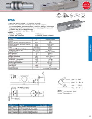 97
BM6E
• BM6E load cells are available in the capacities 3kg~300kg
• Stainless steel construction, hermetically welded oil proof, waterproof,
anti-corrosive gas and medium sized making it suitable for all kinds of environments
• Single point with parallel beam, suitable for electronic scales, platform scales, belt
scales and other electronic weighing devices
• Recommended platform size: 600mm x 600mm
Features
• Capacities: 3kg~300kg • High accuracy
• Stainless steel construction • Low proﬁle and easy installation
Speciﬁcations
Capacity kg 3/50/100/200/300
Accuracy C3
Maximum Number of Veriﬁcation Intervals Nmax 3000
Minimum Number of Veriﬁcation Intervals Vmin Emax/10000
Combined Error (%FS) ≤±0.020
Creep (%FS/30min) ≤±0.016
Temperature Effect on Sensitivity (%FS/10°C) ≤±0.011
Temperature Effect on Zero (%FS/10°C) ≤±0.015
Output Sensitivity (mV/V) 2.0±0.2/2.0±0.002
Input Resistance (Ω) 350±3.5
Output Resistance (Ω) 351±2.0
Insulation Resistance (MΩ) ≥5000 (50VDC)
Zero Balance (%FS) 1.5
Temperature, Compensated (°C) -10~+40
Temperature, Operating (°C) -35~+70
Excitation, Recommended (V) 5~12 (DC)
Excitation, Max (V) 18 (DC)
Safe Overload (%FS) 150
Ultimate Overload (%FS) 300
Corner Correction 0.02% load value/100mm
Part Number Capacity Ship Weight Price
BM6E-C3-3KG 3KG stainless single point metric - $715
BM6E-C3-50KG 50KG stainless single point metric - $715
BM6E-C3-100KG 100KG stainless single point metric - $715
BM6E-C3-200KG 200KG stainless single point metric - $715
BM6E-C3-300KG 300KG stainless single point metric - $715
Wiring:
Shielded 4 conductor cable: Φ5mm
Standard Cable Length: 2m
SinglePoint
 
