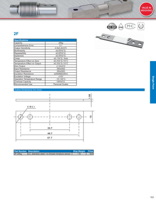 101
2F
Speciﬁcations
Capacity 20kg
Comprehensive Error 0.1
Output Sensitivity 2.5±0.4mV/V
Nonlinearity ±0.05%F.S.
Repeatability ±0.05%F.S.
Hysteresis ±0.05%F.S.
Creep ±0.1%F.S. 3min
Temperature Effect on Zero ±0.3%F.S./10°C
Temperature Effect on Output ±0.3%F.S./10°C
Zero Output ±1.0mV/V
Input Resistance 350±50Ω
Output Resistance 350±50Ω
Insulation Resistance ≥2000MΩ(50V)
Excitation Voltage ≤10V
Operation Temperature Range -10-+40°C
Overload Capacity 150%F.S.
Recommended Use Personal Scales
Part Number Description Ship Weight Price
2F-20kg LC, stainless steel / no thread miniature sensor 1 lb $35
Outline Dimensions mm (inch)
SinglePoint
 
