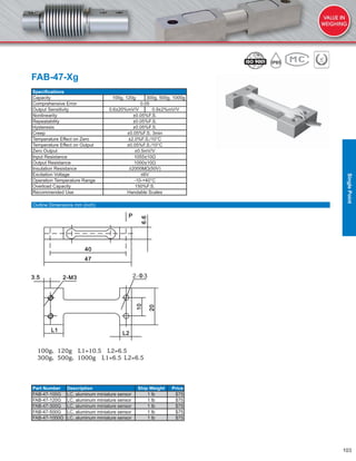 103
FAB-47-Xg
Speciﬁcations
Capacity 100g, 120g 300g, 500g, 1000g
Comprehensive Error 0.05
Output Sensitivity 0.6±20%mV/V 0.9±2%mV/V
Nonlinearity ±0.05%F.S.
Repeatability ±0.05%F.S.
Hysteresis ±0.05%F.S.
Creep ±0.05%F.S. 3min
Temperature Effect on Zero ±2.0%F.S./10°C
Temperature Effect on Output ±0.05%F.S./10°C
Zero Output ±0.5mV/V
Input Resistance 1055±10Ω
Output Resistance 1000±10Ω
Insulation Resistance ≥2000MΩ(50V)
Excitation Voltage ≤6V
Operation Temperature Range -10-+40°C
Overload Capacity 150%F.S.
Recommended Use Handable Scales
Part Number Description Ship Weight Price
FAB-47-100G LC, aluminum miniature sensor 1 lb $75
FAB-47-120G LC, aluminum miniature sensor 1 lb $75
FAB-47-300G LC, aluminum miniature sensor 1 lb $75
FAB-47-500G LC, aluminum miniature sensor 1 lb $75
FAB-47-1000G LC, aluminum miniature sensor 1 lb $75
Outline Dimensions mm (inch)
SinglePoint
 