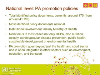 National level: PA promotion policies
• Total identified policy documents, currently: around 170 (from
around 41 MS)
• Most identified policy documents national
• Institutional involvement: mainly Ministry of Health
• Main focus in most cases not only HEPA, also nutrition,
obesity, cardiovascular disease prevention, public health,
sustainable development or environmental health
• PA promotion goes beyond just the health and sport sector
and is often integrated in other sectors such as environment,
education, and transport
 