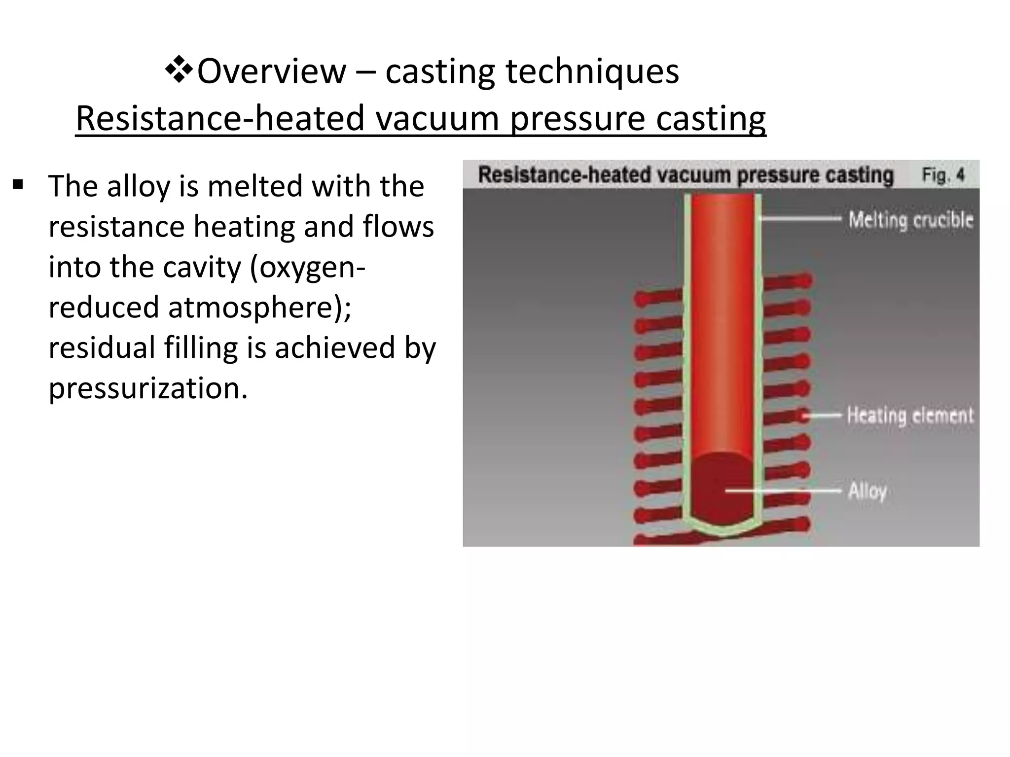 Overview – casting techniques
Resistance-heated vacuum pressure casting
 The alloy is melted with the
resistance heating and flows
into the cavity (oxygen-
reduced atmosphere);
residual filling is achieved by
pressurization.
 