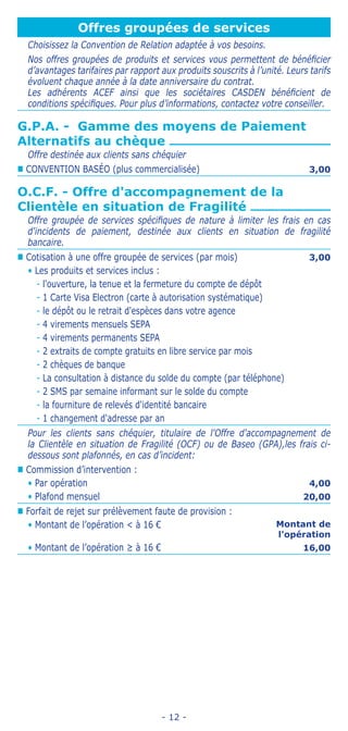 - 12 -
Offres groupées de services
Choisissez la Convention de Relation adaptée à vos besoins.
Nos offres groupées de produits et services vous permettent de bénéficier
d’avantages tarifaires par rapport aux produits souscrits à l’unité. Leurs tarifs
évoluent chaque année à la date anniversaire du contrat.
Les adhérents ACEF ainsi que les sociétaires CASDEN bénéficient de
conditions spécifiques. Pour plus d’informations, contactez votre conseiller.
G.P.A. - Gamme des moyens de Paiement
Alternatifs au chèque
Offre destinée aux clients sans chéquier
„„ CONVENTION BASÉO (plus commercialisée) 3,00
O.C.F. - Offre d'accompagnement de la
Clientèle en situation de Fragilité
Offre groupée de services spécifiques de nature à limiter les frais en cas
d'incidents de paiement, destinée aux clients en situation de fragilité
bancaire.
„„ Cotisation à une offre groupée de services (par mois) 3,00
• Les produits et services inclus :
-- l'ouverture, la tenue et la fermeture du compte de dépôt
-- 1 Carte Visa Electron (carte à autorisation systématique)
-- le dépôt ou le retrait d'espèces dans votre agence
-- 4 virements mensuels SEPA
-- 4 virements permanents SEPA
-- 2 extraits de compte gratuits en libre service par mois
-- 2 chèques de banque
-- La consultation à distance du solde du compte (par téléphone)
-- 2 SMS par semaine informant sur le solde du compte
-- la fourniture de relevés d'identité bancaire
-- 1 changement d'adresse par an
Pour les clients sans chéquier, titulaire de l'Offre d'accompagnement de
la Clientèle en situation de Fragilité (OCF) ou de Baseo (GPA),les frais ci-
dessous sont plafonnés, en cas d’incident:
„„ Commission d’intervention :
• Par opération 4,00
• Plafond mensuel 20,00
„„ Forfait de rejet sur prélèvement faute de provision :
• Montant de l’opération  à 16 € Montant de
l'opération
• Montant de l’opération ≥ à 16 € 16,00
 