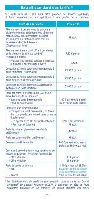 - 2 -
Extrait standard des tarifs *
Les tarifs ci-dessous sont hors offre groupée de services (package)
et hors promotion ou tarif spécifique à une partie de la clientèle.
Liste des services Prix en €
Abonnement à des services de banque à
distance (internet, téléphone fixe, téléphone
mobile, SMS, etc.) permettant de gérer
ses comptes sur l’Internet (hors coût du
fournisseur d’accès Internet)
(Dispobank.on line)
Gratuit
Abonnement à un produit offrant des alertes
de la situation du compte par SMS
(Message + Flash)
7,82 € par an
• Frais d’utilisation des services de banque
à distance : par message envoyé + 0,42 €
Cotisation carte de paiement internationale à
débit immédiat (MasterCard)
43,50 € par an
Cotisation carte de paiement internationale à
débit différé (Visa et MasterCard)
43,50 € par an
Cotisation carte de paiement à autorisation
systématique (Visa Electron)
33,00 € par an
Frais par retrait d’espèces à un DAB d’une
autre banque, de la zone euro
• avec une carte Internationale
(Visa et MasterCard)
1,00 € par retrait à partir
du 4e
retrait dans le mois
Emission d’un virement SEPA
• Frais par virement occasionnel, en faveur
d’un compte de tiers ouvert dans un autre
établissement
-- En agence avec RIB ou sur Dispobank.fr 3,98 € par virement
-- Par Internet (bred.fr) Gratuit
Frais de mise en place d’un mandat de
prélèvement
Gratuit
Frais par paiement d’un prélèvement Gratuit
Commission d’intervention 8,00 € par opération, avec un
plafond de 80,00 € par mois
Cotisation à une offre d'assurance perte ou vol des
moyens de paiement (Protection Payement II)
• Offre «Jeune» 13 € par an
• Offre «Adulte» 26 € par an
Frais de tenue de compte
• Actif
• Inactif
1,50 € par mois soit 18 €/an
Gratuit si - 18 ans ou titulaire
d’une Convention de Relation
7,50 € par trimestre, soit 30 €/an
* Les établissements de crédit se sont engagés, dans le cadre du Comité
Consultatif du Secteur Financier (CCSF), à présenter en tête de leurs
plaquettes tarifaires et sur Internet, un extrait standard des tarifs.
 