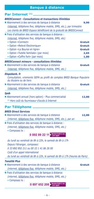 - 6 -
Banque à distance
Par Internet (1)
BREDConnect - Consultations et transactions illimitées
„„ Abonnement à des services de banque à distance 9,90
(internet, téléphone fixe, téléphone mobile, SMS, etc.), par trimestre
Les clients de BRED Espace bénéficient de la gratuité de BREDConnect
„„ Frais d'utilisation des services de banque à distance :
(internet, téléphone fixe, téléphone mobile, SMS, etc)
• Option «Connect» Gratuit
• Option «Relevé Electronique» Gratuit
• Option «La Bourse en ligne» Gratuit
• Option «Tutelle familiale» (par mois) 2,65
• Option «Coffre fort» (par mois) 1,00
BREDConnect mineurs - consultations illimitées
„„ Abonnement à des services de banque à distance Gratuit
(internet, téléphone fixe, téléphone mobile, SMS, etc.)
Dispobank. fr
Consultation, virements SEPA au profit de comptes BRED Banque Populaire
du titulaire ou de tiers
„„ Abonnement à des services de banque à distance Gratuit
(internet, téléphone fixe, téléphone mobile, SMS, etc.)
Ipab
„„ Abonnement annuel (hors option) - Plus commercialisé 12,00
(1)
Hors coût du fournisseur d’accès à Internet
Par Téléphone
BRED Direct Services
„„ Abonnement à des services de banque à distance 12,00
(internet, téléphone fixe, téléphone mobile, SMS, etc.), par an
„„ Frais d'utilisation des services de banque à distance :
(internet, téléphone fixe, téléphone mobile, SMS, etc.)
• Composez le :
du lundi au vendredi de 8h à 22h, le samedi de 8h à 17h
Depuis l'étranger, composez:
0 33 892 892 211 ou 00 33 1 41 86 26 00
Coût d'un appel international
du lundi au vendredi de 8h à 22h, le samedi de 8h à 17h (heures de Paris)
Tonalité Plus
„„ Abonnement à des services de banque à distance Gratuit
(internet, téléphone fixe, téléphone mobile, SMS, etc.)
„„ Frais d'utilisation des services de banque à distance
(internet, téléphone fixe, téléphone mobile, SMS, etc.)
• Composez le :
0 892 89 22 11 0,40 € / min
0 897 652 200 0,60 € / min
 
