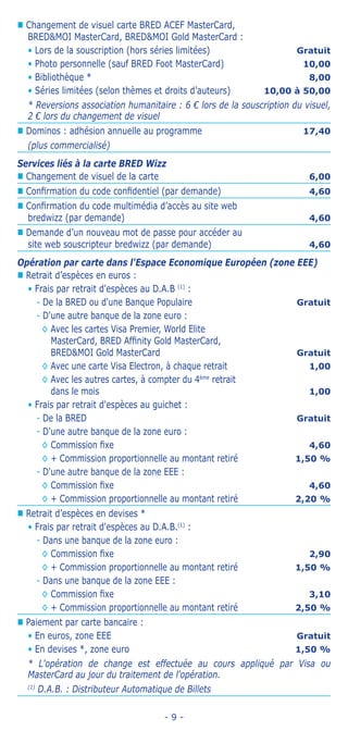 - 9 -
„„ Changement de visuel carte BRED ACEF MasterCard,
BREDMOI MasterCard, BREDMOI Gold MasterCard :
• Lors de la souscription (hors séries limitées) Gratuit
• Photo personnelle (sauf BRED Foot MasterCard) 10,00
• Bibliothèque * 8,00
• Séries limitées (selon thèmes et droits d’auteurs) 10,00 à 50,00
* Reversions association humanitaire : 6 € lors de la souscription du visuel,
2 € lors du changement de visuel
„„ Dominos : adhésion annuelle au programme 17,40
(plus commercialisé)
Services liés à la carte BRED Wizz
„„ Changement de visuel de la carte 6,00
„„ Confirmation du code confidentiel (par demande) 4,60
„„ Confirmation du code multimédia d’accès au site web
bredwizz (par demande) 4,60
„„ Demande d’un nouveau mot de passe pour accéder au
site web souscripteur bredwizz (par demande) 4,60
Opération par carte dans l'Espace Economique Européen (zone EEE)
„„ Retrait d’espèces en euros :
• Frais par retrait d'espèces au D.A.B (1)
:
-- De la BRED ou d'une Banque Populaire Gratuit
-- D'une autre banque de la zone euro :
◊ Avec les cartes Visa Premier, World Elite
MasterCard, BRED Affinity Gold MasterCard,
BREDMOI Gold MasterCard Gratuit
◊ Avec une carte Visa Electron, à chaque retrait 1,00
◊ Avec les autres cartes, à compter du 4ème
retrait
dans le mois 1,00
• Frais par retrait d'espèces au guichet :
-- De la BRED Gratuit
-- D'une autre banque de la zone euro :
◊ Commission fixe 4,60
◊ + Commission proportionnelle au montant retiré 1,50 %
-- D'une autre banque de la zone EEE :
◊ Commission fixe 4,60
◊ + Commission proportionnelle au montant retiré 2,20 %
„„ Retrait d’espèces en devises *
• Frais par retrait d'espèces au D.A.B.(1)
:
-- Dans une banque de la zone euro :
◊ Commission fixe 2,90
◊ + Commission proportionnelle au montant retiré 1,50 %
-- Dans une banque de la zone EEE :
◊ Commission fixe 3,10
◊ + Commission proportionnelle au montant retiré 2,50 %
„„ Paiement par carte bancaire :
• En euros, zone EEE Gratuit
• En devises *, zone euro 1,50 %
* L'opération de change est effectuée au cours appliqué par Visa ou
MasterCard au jour du traitement de l'opération.
(1)
D.A.B. : Distributeur Automatique de Billets
 
