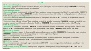GO 01 – Consultation plan:
(Mandatory) appropriate stakeholders have been identified, local authority has been consulted about the plan CREDIT 1- community
consultation method will be used to engage the community
SE 01 – Economic impact:
(Mandatory): Study to know economic wellbeing of future occupants, enhance economic activity, identify job opportunities. CREDIT 1-
skills gap analysis for the local area CREDIT 2- creation of new employment, provide training for local people, transport infrastructure
SE 02 – Demographic needs and priorities
(Mandatory): mixed use, amenities and employment, study of demographic profile CREDIT 1- delivery on an appropriate timescale
SE 03 – Flood risk assessment
(Mandatory): flood risk area, effects of flood, knowledge of flood risk spread to communities CREDIT 1: measures in flood risk area,
emergency plans, at least 600mm above the design flood level CREDIT 2- development where there is a low risk of flooding
SE 04 – Noise pollution
(Mandatory): A noise impact assessment CREDIT 1: All noise attenuation measures recommended, building location to reduce noise
impact CREDIT 2-indoor ambient noise levels, +5dB during the day +3dB at night CREDIT 3- noise sources 5dB below
RE 01 – Energy strategy
(Mandatory):An energy strategy for the proposed development by an energy specialist. CREDIT 1 TO 10: according to co2 emissions
CREDIT 11- recommendations in the energy strategy for a 'carbon negative' development
RE 02 – Existing buildings and infrastructure
(Mandatory): Assessment of building according to refurbished, re-used, recycled or maintained, heritage and local identity
CREDIT 1- recycling of materials CREDIT 2- refurbishment of existing buildings
RE 03 - Water strategy
(Mandatory): appropriate water supply target to tackle demand CREDIT 1- water strategy within site, landscape according to water
strategy, maintenance of supply
LE 01 – Ecology strategy :Mandatory- identify issues, mitigation & master plan for ecological strategy CREDIT 1- net gain in
biodiversity.
STEP 1
 