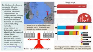 Energy usage
The energy production 1400 m2 solar collectors 120 m2
photovoltaic, Heat production- 15% solar, 5% heat pump
The Masthusen development
includes the following
sustainability attributes:
• mixed-use community
• range of tenures and
occupational uses, creating
vibrancy and supporting
existing and new small
businesses and restaurants.
• sustainable building
materials;
• strong emphasis on
designing the area to be
adaptable to the impacts of
climate change
• vehicle-free transport
solutions, with extensive
fast and safe cycle paths
that are well connected to
the rest of the City
• reduced building energy
use
• strong focus on urban biodiversity
providing places for wildlife and
ecologically suitable habitats.
Balance in production and consumption
 