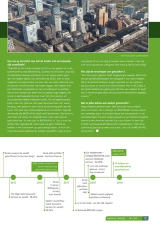 13BREEAM-NL MAGAZINE - NR 6 2019
Hoe zou je het liefst zien dat de Zuidas zich de komende
tijd ontwikkelt?
“Eigenlijk op de manier waarop het tot nu toe gegaan is; in die
samenwerking met BREEAM-NL. Doordat wij iets eisen, zie je dat
ontwikkelaars daarop anticiperen en een stapje verder gaan
dan wij hadden geëist. Dat stimuleert de DGBC ook. In onze
volgende uitvraag houden we daar dan ook weer rekening mee,
en kunnen we de lat weer iets hoger leggen. We hebben dus
een bijzondere wisselwerking met ontwikkelaars en partijen.
We kunnen echter niet alleen die lat steeds hoger leggen; het
is ook zo dat bepaalde thema’s meer tot uiting komen en
duurzaamheid steeds integraler wordt. Als we tegenwoordig
kijken naar een gebouw, dan gaat duurzaamheid over water-
berging, over groen en over wat je sociaal terug geeft aan de
buurt. Het gaat over materiaalgebruik en circulariteit. Eigenlijk
de breedte die BREEAM-NL altijd heeft beschreven. Die komt nu
veel meer tot uiting. De volgende fase is dan natuurlijk de
gebruikersfase. En ook daar zit BREEAM-NL in. Dat is voor ons
echter heel ingewikkeld, want waar wij geen invloed op
hebben is het handhaven op gebruikersplaatsen. Je kunt het
meest duurzame gebouw ter wereld neerzetten, maar je kunt
nog steeds 24 uur per dag je lampen laten branden. Daar ligt
voor ons nog wel een uitdaging: hoe houd je die lat ook hoog?”
Wat zijn de ervaringen van gebruikers?
“Een duurzaam gebouw heeft toegevoegde waarde. Dat horen
we van portefeuillehouders die vastgoed in hun bezit hebben.
Zeker de grotere bedrijven vragen specifiek om een gebouw
dat duurzaam is, vanuit hun interne beleid. Hier in de Zuidas is
een groot aanbod van gebouwen dat hier aan voldoet. Ik weet
niet in hoeverre gebruikers de duurzaamheidsambities dagelijks
ervaren.”
Wat is jullie advies aan andere gemeentes?
Hoge ambities gewoon eisen. Niet bang zijn voor juridisch
risico. Lef tonen. Het is moeilijk om BREEAM-NL te eisen vanuit
een wettelijke basis. In principe heb je het bouwbesluit; er zijn
ontwikkelingen met een omgevingswet en een bestemmingsplan
waarin je verruimende ambities kunt opschrijven. Ik denk dat
er best veel terughoudendheid is bij marktpartijen, maar als je
standvastig bent en je weet wat je wilt, dan kun je BREEAM-NL
prima eisen.”
1e In-Use onderwijs-
gebouw - Initium
Vrije Universiteit
10 miljoen m2
met BREEAM-NL
gecertificeerd
BREEAM-NL
Gebied 2018
LIDL Waddinxveen -
hoogste BREEAM-NL score
voor een distributie-
centrum - 92,39%
Eerste museum ter wereld
gecertificeerd In-Use (van Gogh)
Eerste pilot portfolio
aanpak - Kromhout Kazerne
Eerste
5 sterren
BREEAM-NL
In-Use
voor Asset
Eerste
eind-
gebruikers-
portfolio
PWC
Redevco eerste jaarlijkse
portfolio certificering
The Edge meest duurzame
kantoor ter wereld - 98,36%
1e In-Use Hotel - van der Valk Haarlem
1e Nationaal BREEAM congres
Geelen Counterflow
meest duurzame
kantoor ter wereld -
99,94%
20192018201720162015
Foto: YourCaptain Luchtfotografie
BREEAM-NL In-Use 2016 -
eerste internationaal
geharmoniseerde versie
 