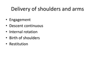 Delivery of shoulders and arms
• Engagement
• Descent continuous
• Internal rotation
• Birth of shoulders
• Restitution
 