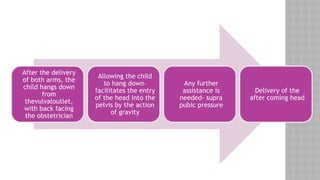 After the delivery
of both arms, the
child hangs down
from
thevulvaloutlet,
with back facing
the obstetrician
Allowing the child
to hang down-
facilitates the entry
of the head into the
pelvis by the action
of gravity
Any further
assistance is
needed- supra
pubic pressure
Delivery of the
after coming head
 