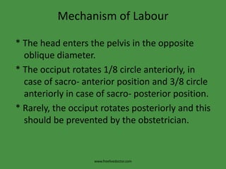 Mechanism of Labour* The head enters the pelvis in the opposite oblique diameter.* The occiput rotates 1/8 circle anteriorly, in case of sacro- anterior position and 3/8 circle anteriorly in case of sacro- posterior position.* Rarely, the occiput rotates posteriorly and this should be prevented by the obstetrician.www.freelivedoctor.com