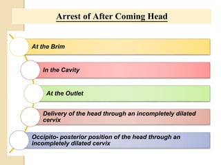 Arrest of After Coming Head 
At the Brim 
In the Cavity 
At the Outlet 
Delivery of the head through an incompletely dilated 
cervix 
Occipito- posterior position of the head through an 
incompletely dilated cervix 
 