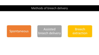 Methods of breech delivery
Spontaneous
Assisted
breech delivery
Breech
extraction
 