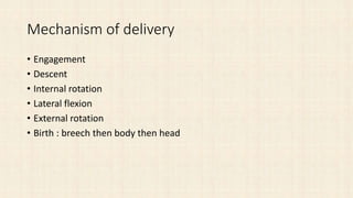 Mechanism of delivery
• Engagement
• Descent
• Internal rotation
• Lateral flexion
• External rotation
• Birth : breech then body then head
 