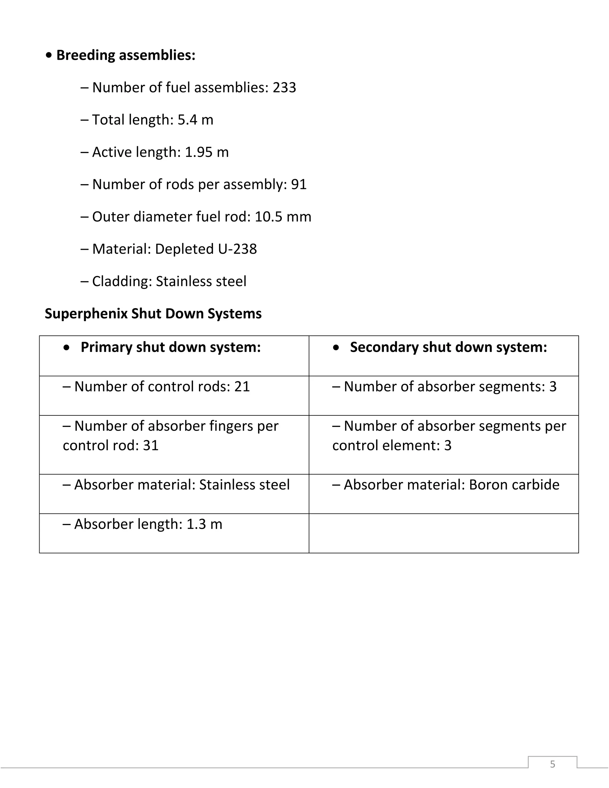 5
• Breeding assemblies:
– Number of fuel assemblies: 233
– Total length: 5.4 m
– Active length: 1.95 m
– Number of rods per assembly: 91
– Outer diameter fuel rod: 10.5 mm
– Material: Depleted U-238
– Cladding: Stainless steel
Superphenix Shut Down Systems
 Primary shut down system:  Secondary shut down system:
– Number of control rods: 21 – Number of absorber segments: 3
– Number of absorber fingers per
control rod: 31
– Number of absorber segments per
control element: 3
– Absorber material: Stainless steel – Absorber material: Boron carbide
– Absorber length: 1.3 m
 