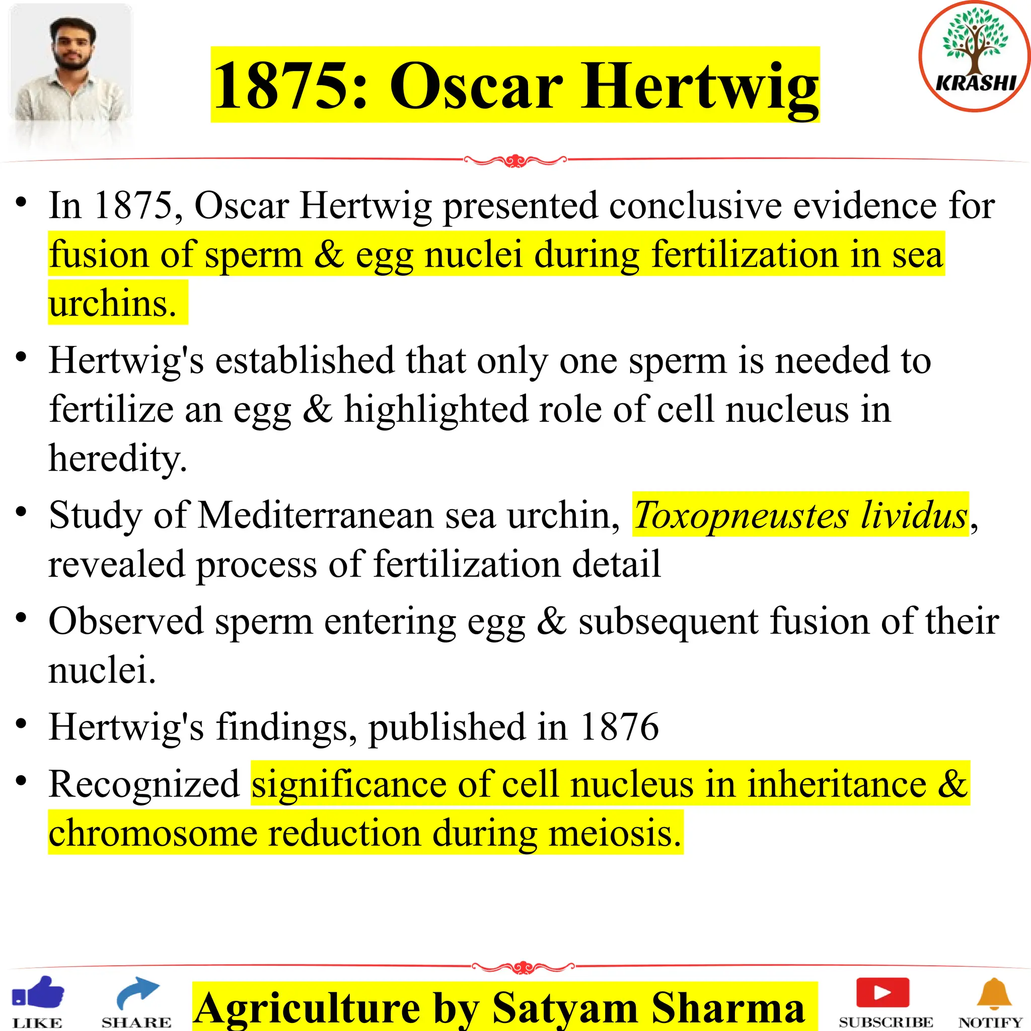 Agriculture by Satyam Sharma
1875: Oscar Hertwig
• In 1875, Oscar Hertwig presented conclusive evidence for
fusion of sperm & egg nuclei during fertilization in sea
urchins.
• Hertwig's established that only one sperm is needed to
fertilize an egg & highlighted role of cell nucleus in
heredity.
• Study of Mediterranean sea urchin, Toxopneustes lividus,
revealed process of fertilization detail
• Observed sperm entering egg & subsequent fusion of their
nuclei.
• Hertwig's findings, published in 1876
• Recognized significance of cell nucleus in inheritance &
chromosome reduction during meiosis.
 