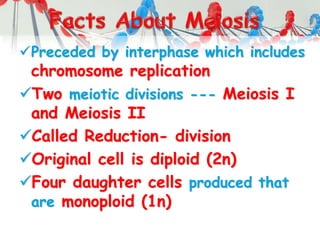 Preceded by interphase which includes
chromosome replication
Two meiotic divisions --- Meiosis I
and Meiosis II
Called Reduction- division
Original cell is diploid (2n)
Four daughter cells produced that
are monoploid (1n)
 