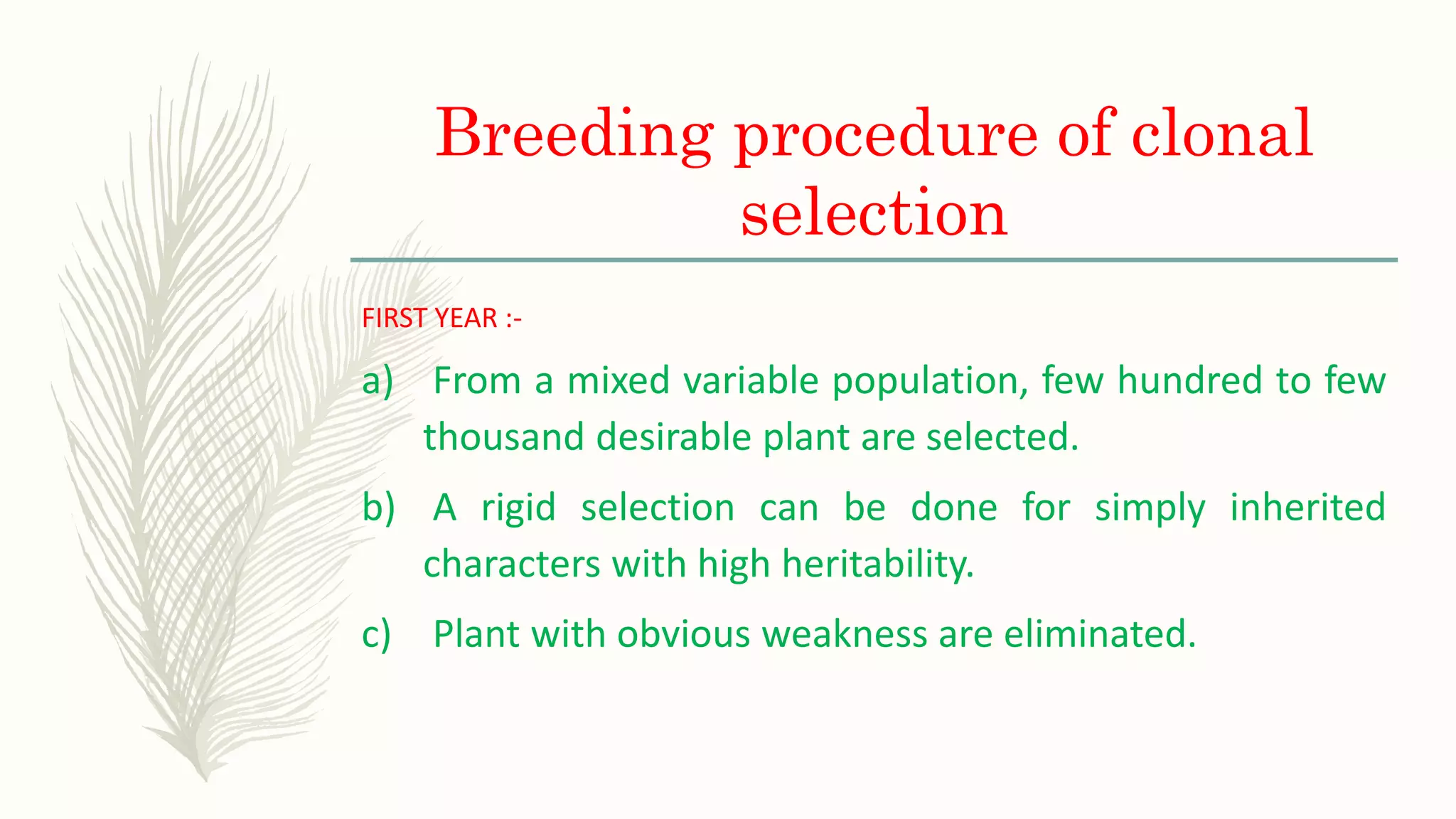 Breeding procedure of clonal
selection
FIRST YEAR :-
a) From a mixed variable population, few hundred to few
thousand desirable plant are selected.
b) A rigid selection can be done for simply inherited
characters with high heritability.
c) Plant with obvious weakness are eliminated.
 